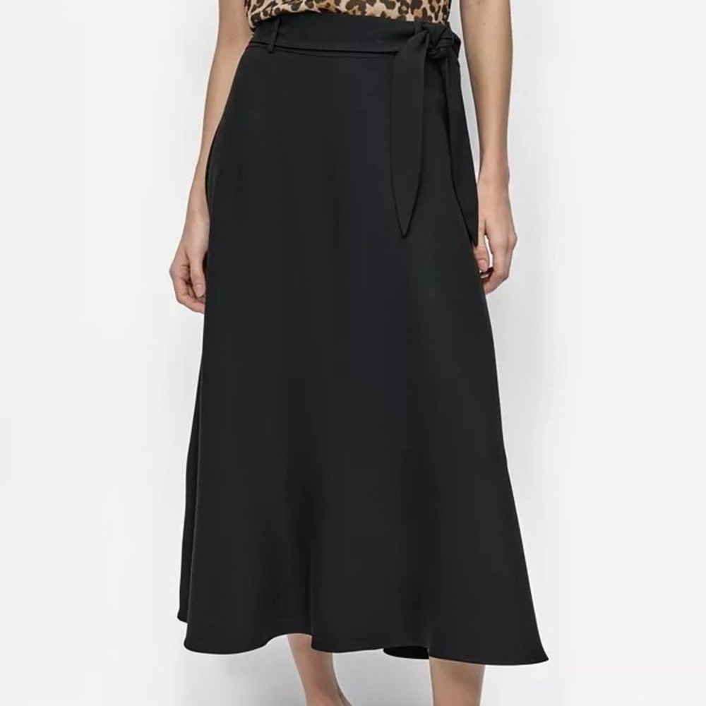 DKNY Tie Waist Belt Loop Skirt Black Side Zip Closure Fit & Flare Womens 16W
